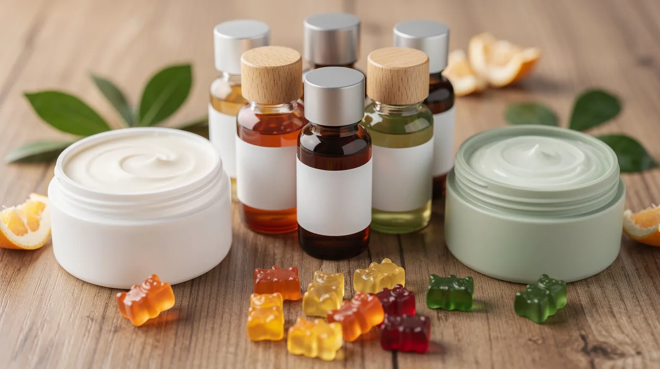 The image displays an assortment of natural wellness products, including colorful gummy bears, small glass bottles, and cream jars, all neatly arranged on a rustic wooden surface. These hemp-derived products highlight the growing interest in alternative wellness solutions, often associated with cannabis plant derivatives, such as delta 8 THC and CBD.