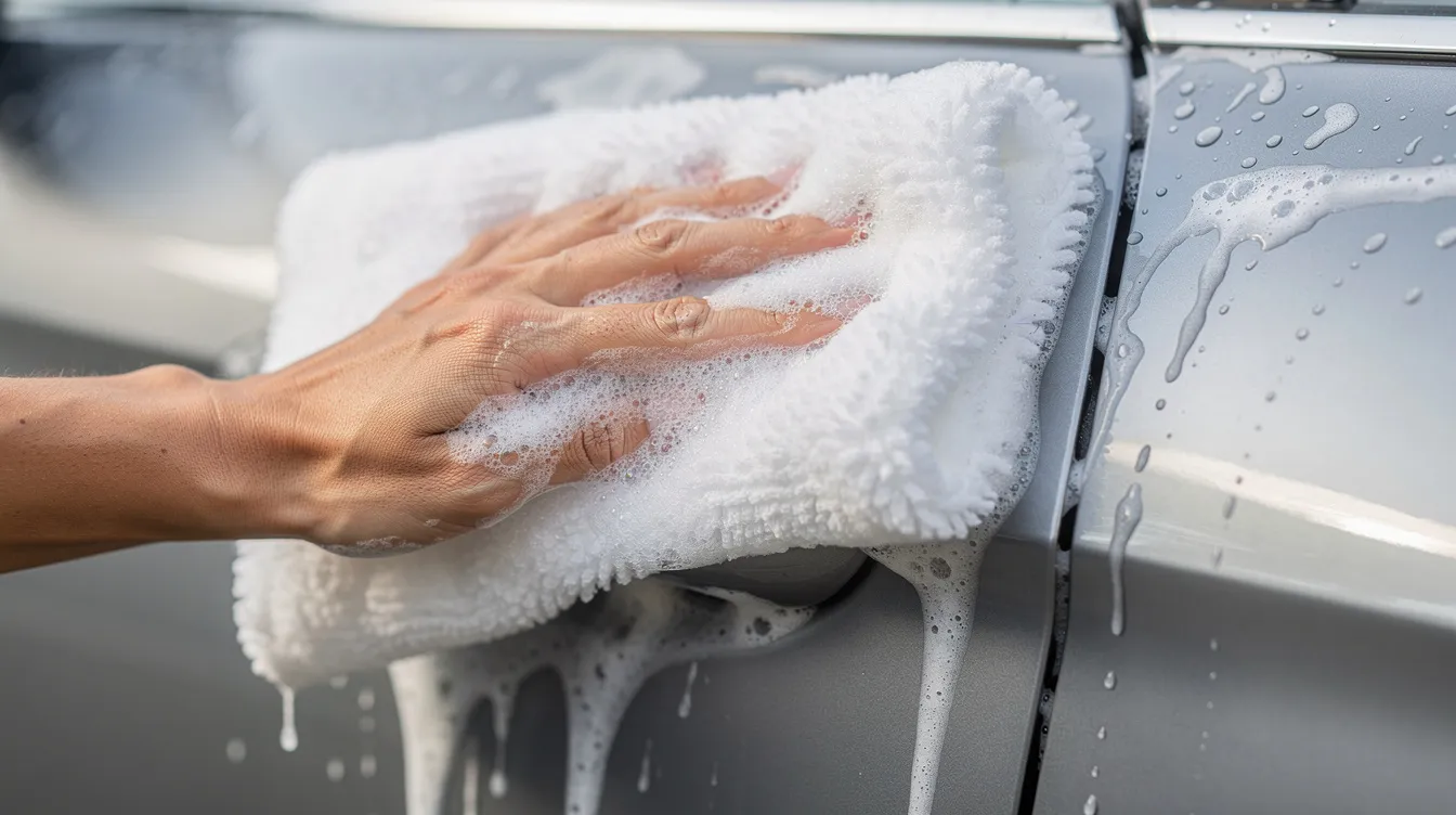 A close-up view of a hand using a microfiber mitt to wash a car panel with soapy water, emphasizing the importance of winter car washes to remove road salt and prevent rust buildup, ensuring the car's paint remains protected during cold weather.
