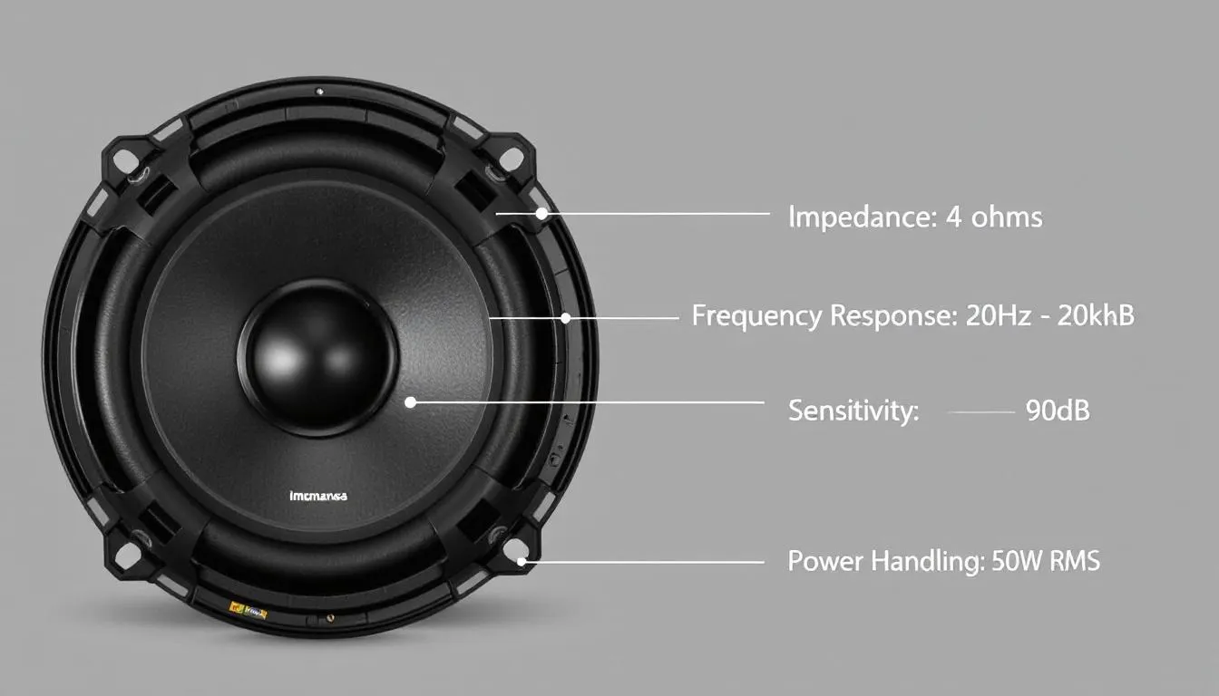 The image features a detailed view of a car speaker, showcasing its technical specifications and design elements that promise high-quality sound and deep bass for an enhanced listening experience in your vehicle. Callouts highlight features such as coaxial technology and power ratings, emphasizing the speaker's ability to deliver crystal clear sound for music and podcasts during your ride.