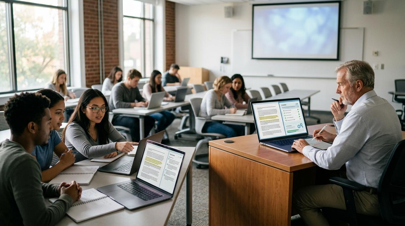 Professional university classroom illustrating two complementary feedback workflows, students strengthening writing during the drafting process while instructors deliver consistent AI-supported evaluations after submission.