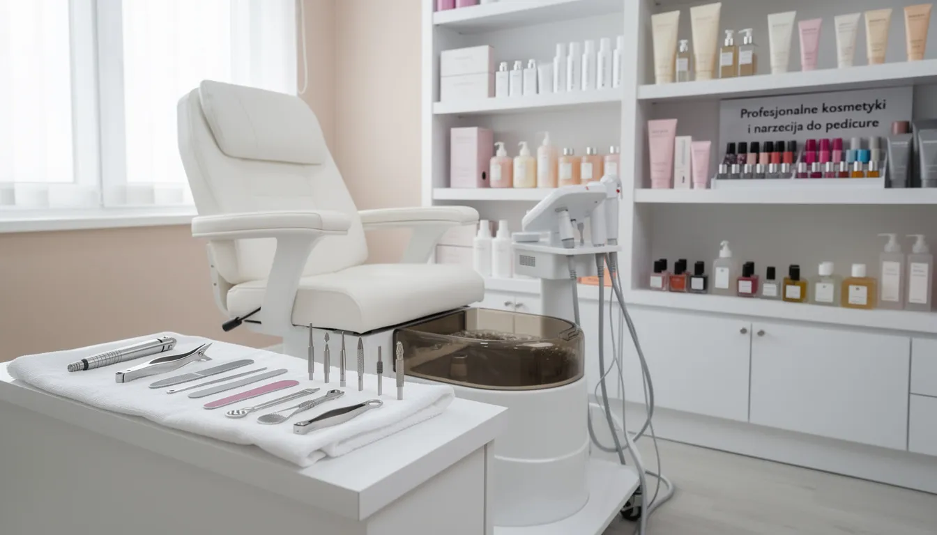 Na zdjęciu widać profesjonalne kosmetyki i narzędzia do pedicure w gabinecie kosmetycznym, które są niezbędne do pielęgnacji stóp, w tym do zabiegów takich jak pedicure kwasowy czy pedicure hybrydowy. Wśród produktów znajdują się preparaty do usuwania zrogowaciałego naskórka, kremy nawilżające oraz narzędzia do precyzyjnego opracowania paznokci stóp.