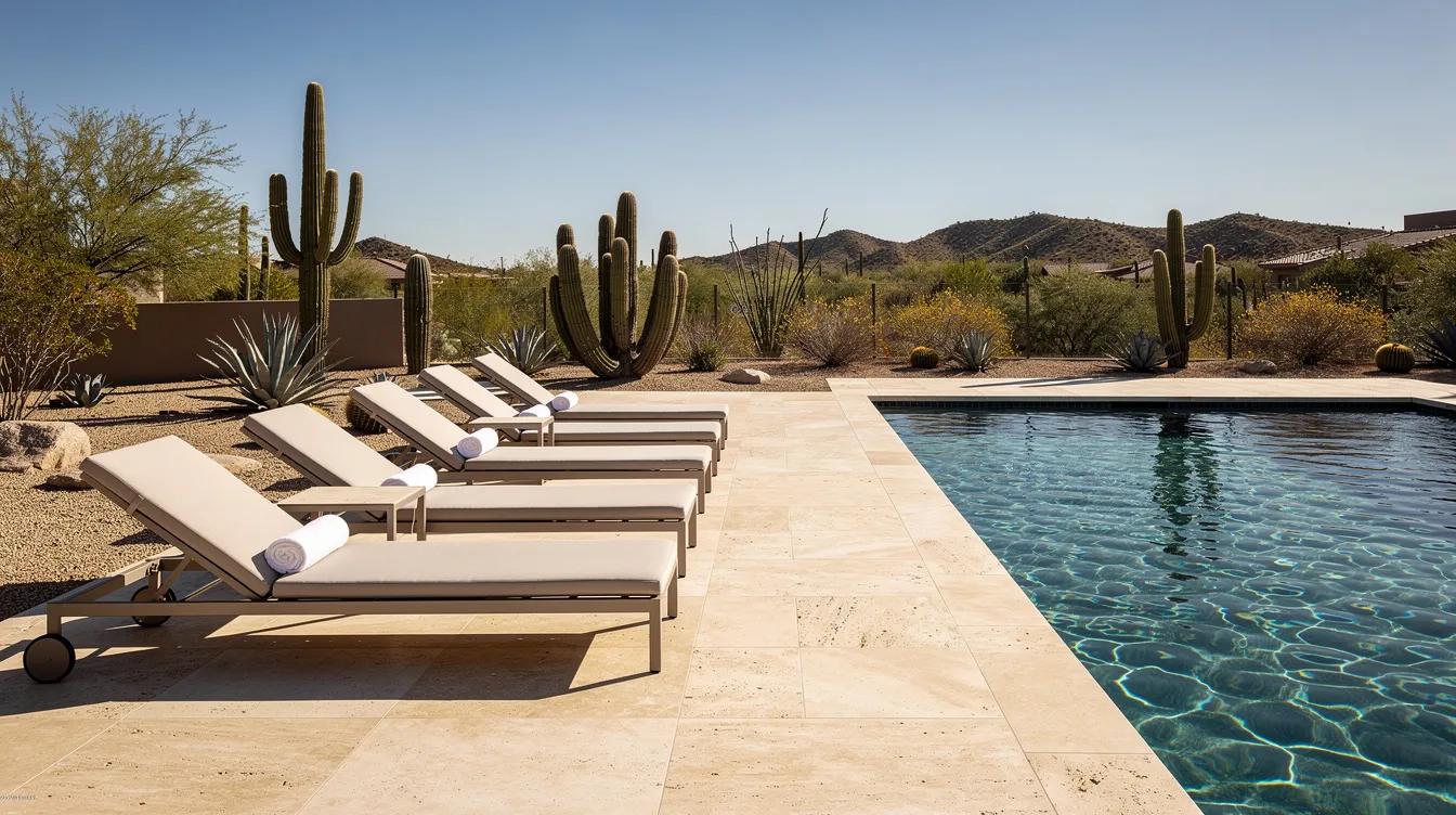 The image features a travertine pool deck adorned with comfortable lounge chairs, set against a backdrop of crystal blue pool water. Surrounding the area is a thoughtfully designed desert landscape, showcasing various native plants that enhance the outdoor space's beauty and tranquility.
