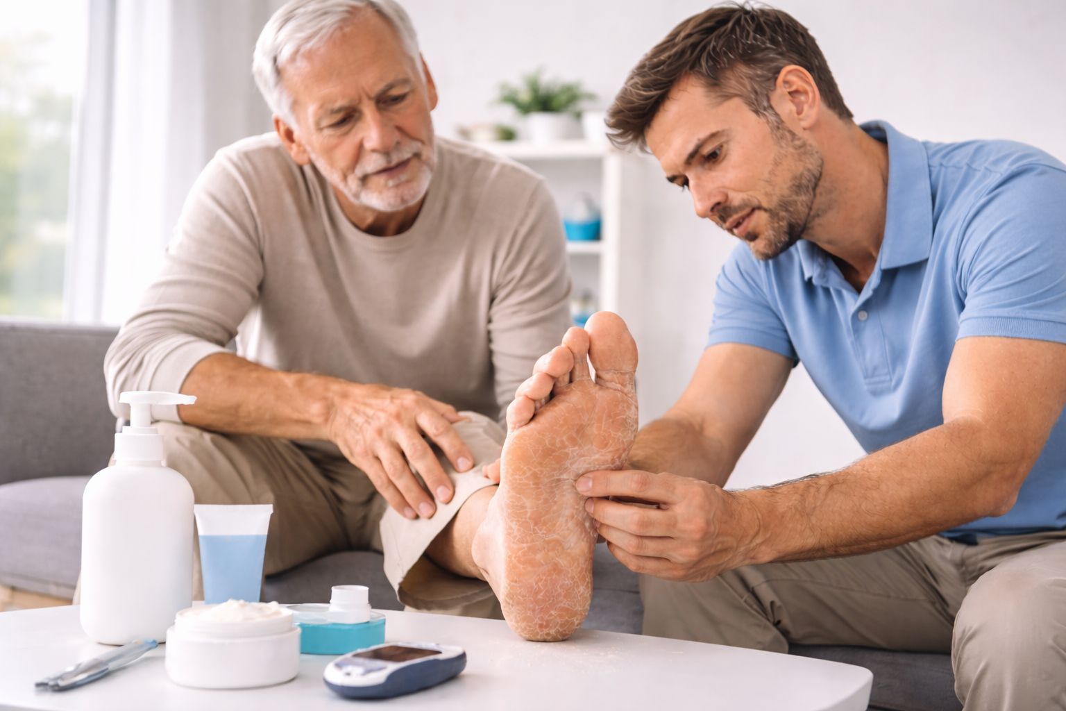 Foot specialist examining dry and cracked skin on patient’s foot during clinic visit