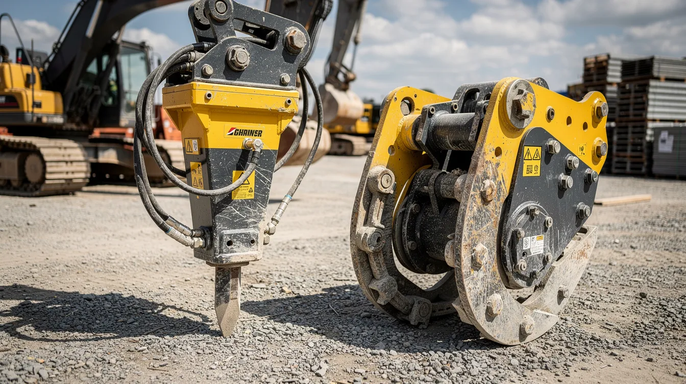 The image shows a hydraulic hammer attachment and a concrete crusher attachment placed side by side in a construction equipment yard, highlighting their robust designs for breaking concrete and hard rock. Both attachments are essential tools for demolition and excavation operations, showcasing their proven durability and suitability for various construction tasks.