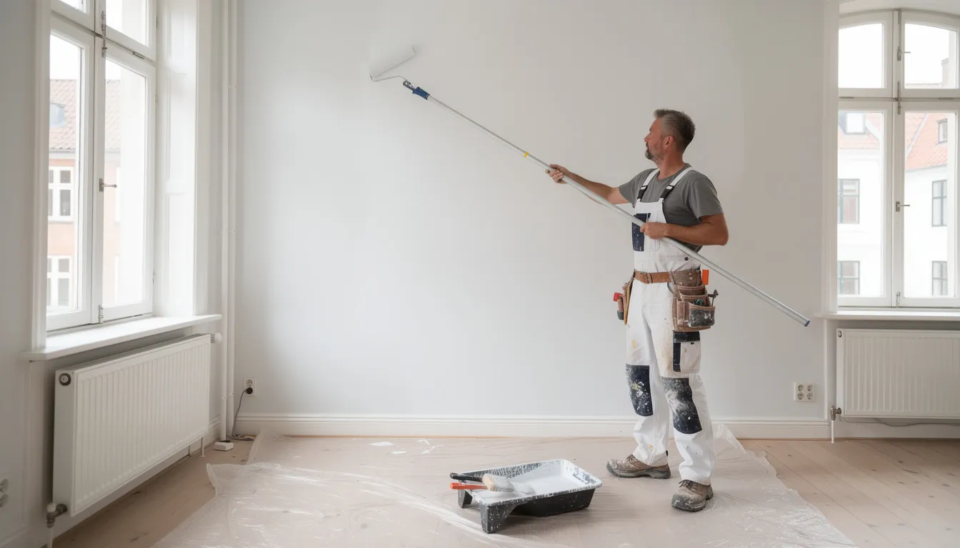 En professionel maler iført arbejdstøj står i en lys københavnsk lejlighed og maler en hvid væg med miljømærket maling. Maleren udfører sit arbejde med stor omhu for at sikre et flot og holdbart resultat.