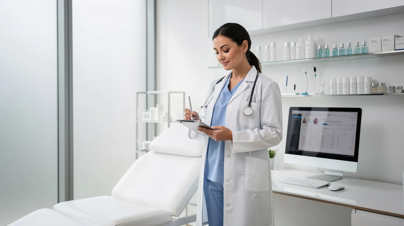 A medical professional is seen in a clean clinical setting, preparing for a cosmetic consultation focused on lip enhancement. The environment suggests a focus on proper injection techniques and aftercare instructions for achieving natural-looking results with hyaluronic acid-based fillers, while also addressing potential issues like lip filler migration and ensuring the filler settles properly.