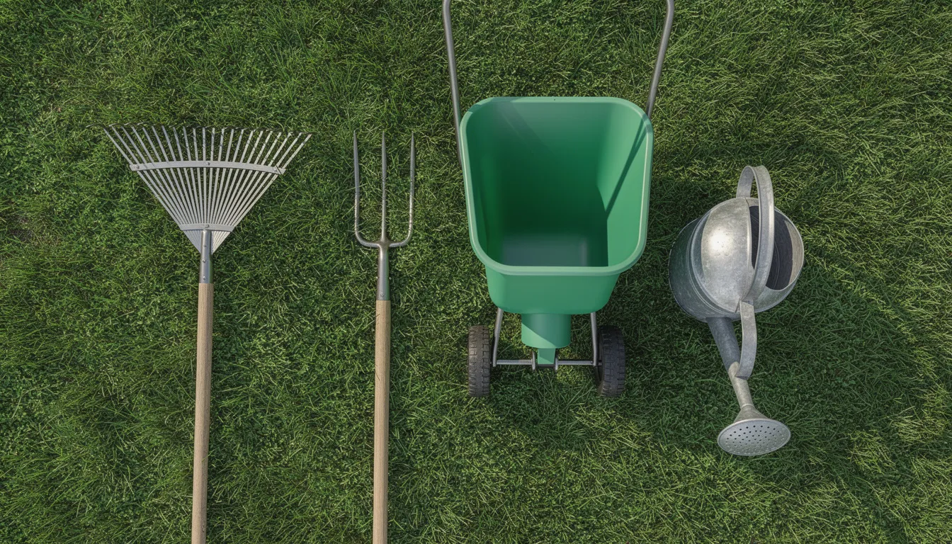 A collection of essential lawn care tools, including a rake, garden fork, spreader, and watering can, is neatly arranged on a lush green grass surface. These tools are designed to help maintain a vibrant and healthy lawn, making them an ideal choice for any gardening enthusiast.