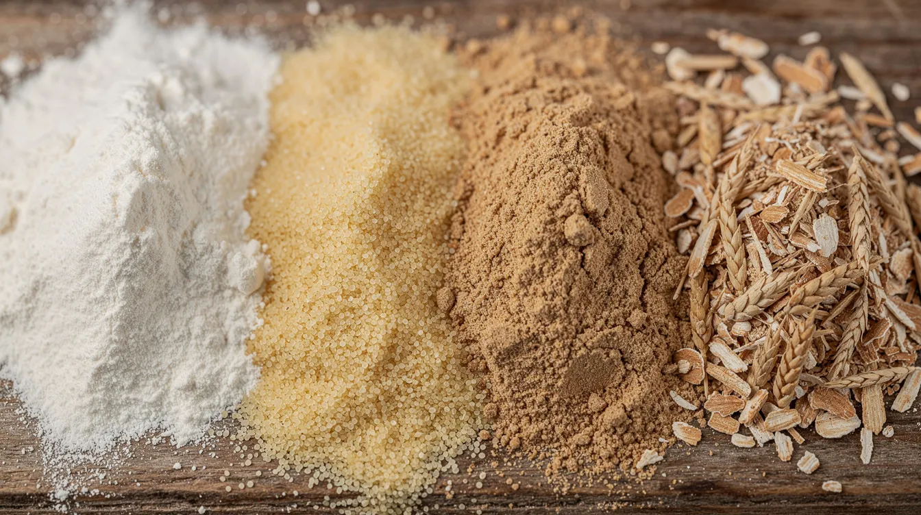 e5e03ebe 5b09 476d ba76 c10554a03c35 A close-up photograph showcases various wheat flour products arranged in separate piles, including white refined flour, semolina, whole wheat flour, and wheat bran, highlighting the diversity of flour types processed in a roller flour mill. This image emphasizes the essential ingredients used in baking and cooking, reflecting the quality and variety available in the flour industry.