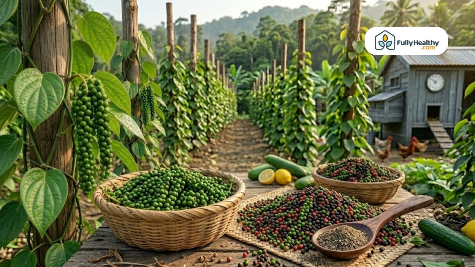 Fresh peppercorns in baskets with ground pepper and cucumbers on table
