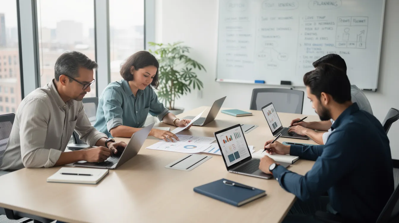 A small team is gathered around a conference table, reviewing documents and discussing strategies for their upcoming podcast episodes. They are focused on planning content to create world-class podcasts that resonate with their target audience.