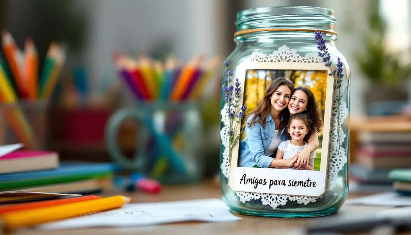 A decorated mason jar frame sits on a teacher's desk, showcasing a cute student-teacher photo surrounded by fresh flowers and colorful pencils, making it a heartfelt and unique DIY teacher gift idea for teacher appreciation week.