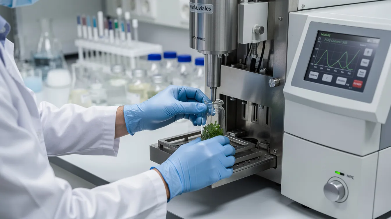 A laboratory technician wearing gloves is operating chromatography equipment to analyze a small plant sample, likely related to hemp derived products or cannabis plants. This process is essential for understanding the legal status of substances like THCA in accordance with Massachusetts law and federal regulations.