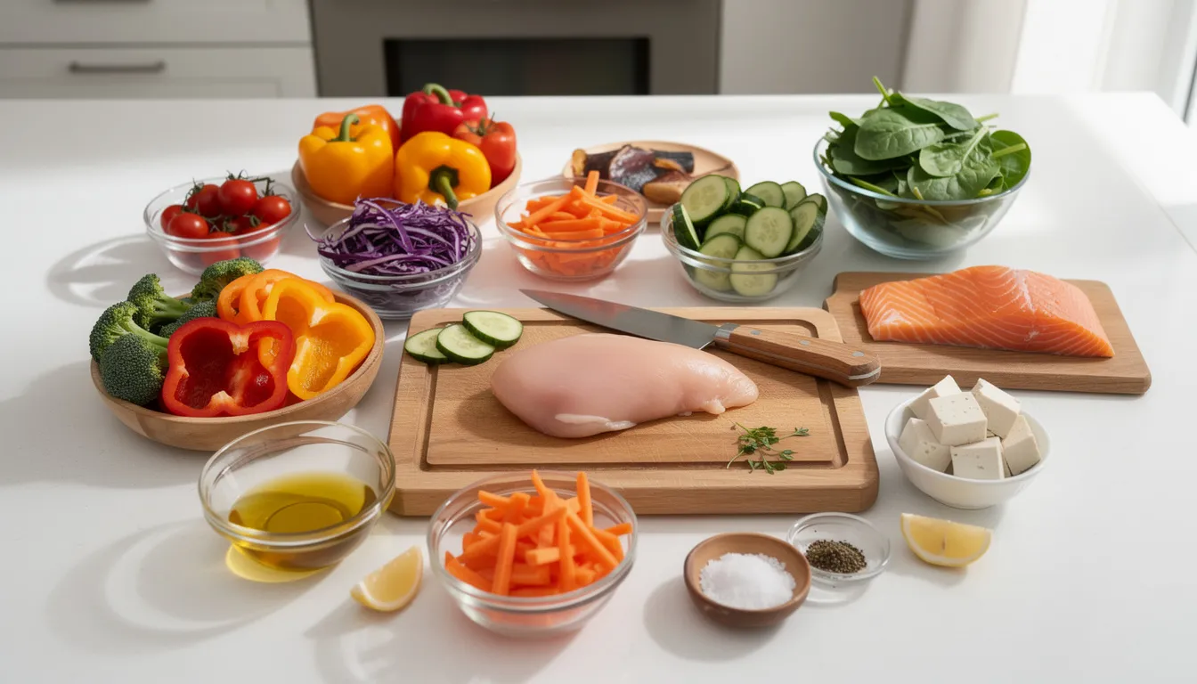 The image depicts a kitchen counter filled with a vibrant array of colorful vegetables and lean proteins, showcasing a healthy meal preparation setting. This scene emphasizes nutritious eating, which is essential for maintaining energy levels and overall health, particularly for healthy adults aiming to support their metabolic functions and cellular pathways.