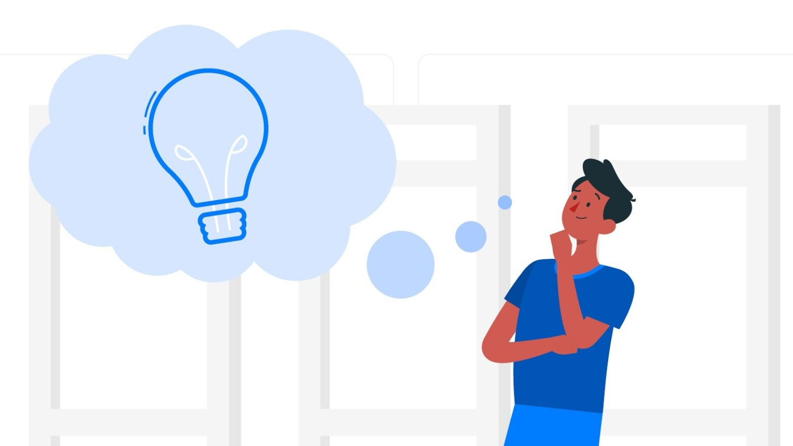 A man ponders next to a cloud and lightbulb icon curious about how unified communications platforms work.
