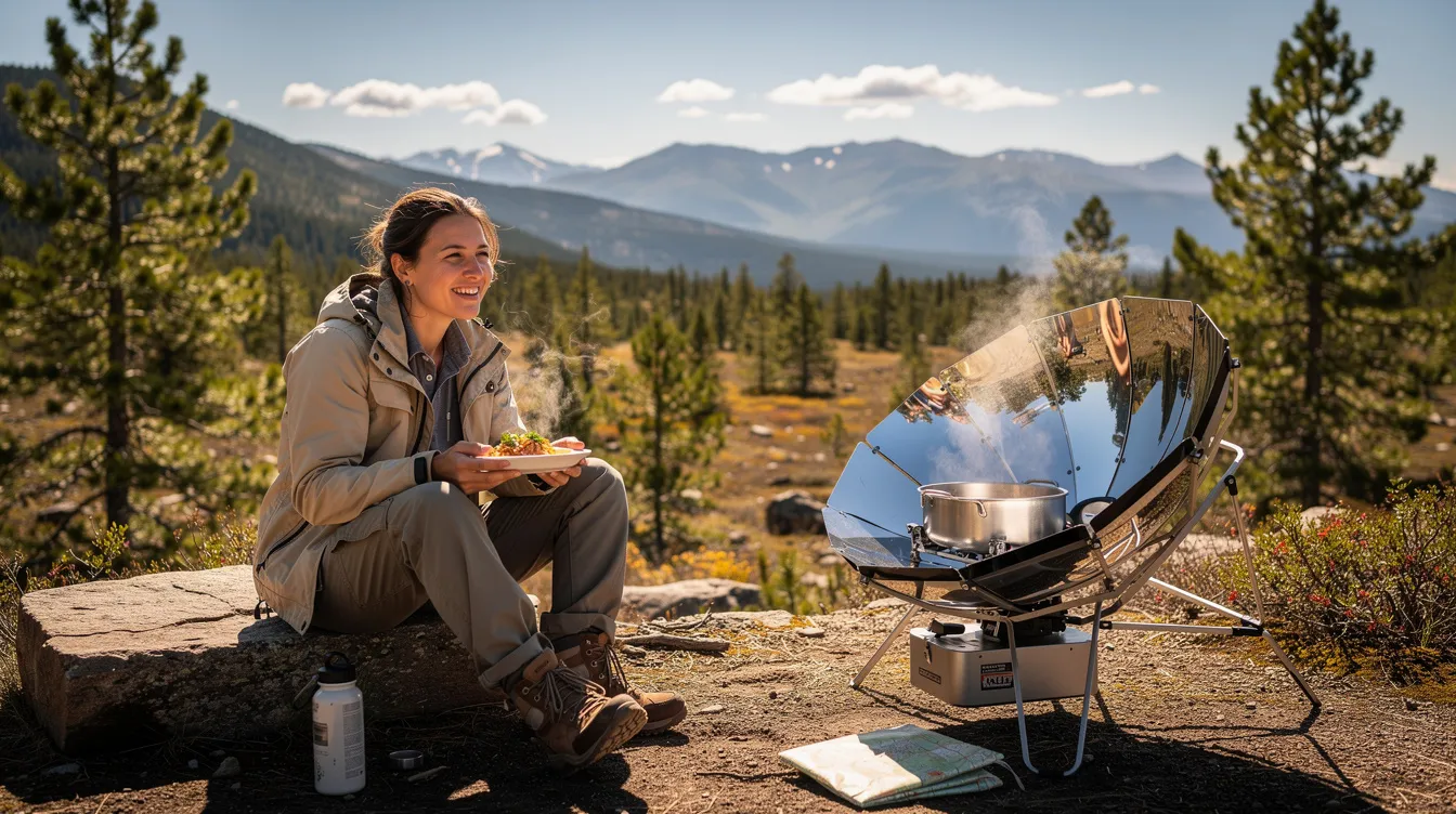 A person is enjoying a hot meal outdoors next to a solar cooker, with a scenic wilderness backdrop illuminated by the sun's rays. The portable solar oven is being used to cook food, showcasing the benefits of solar cooking in a sunny environment.