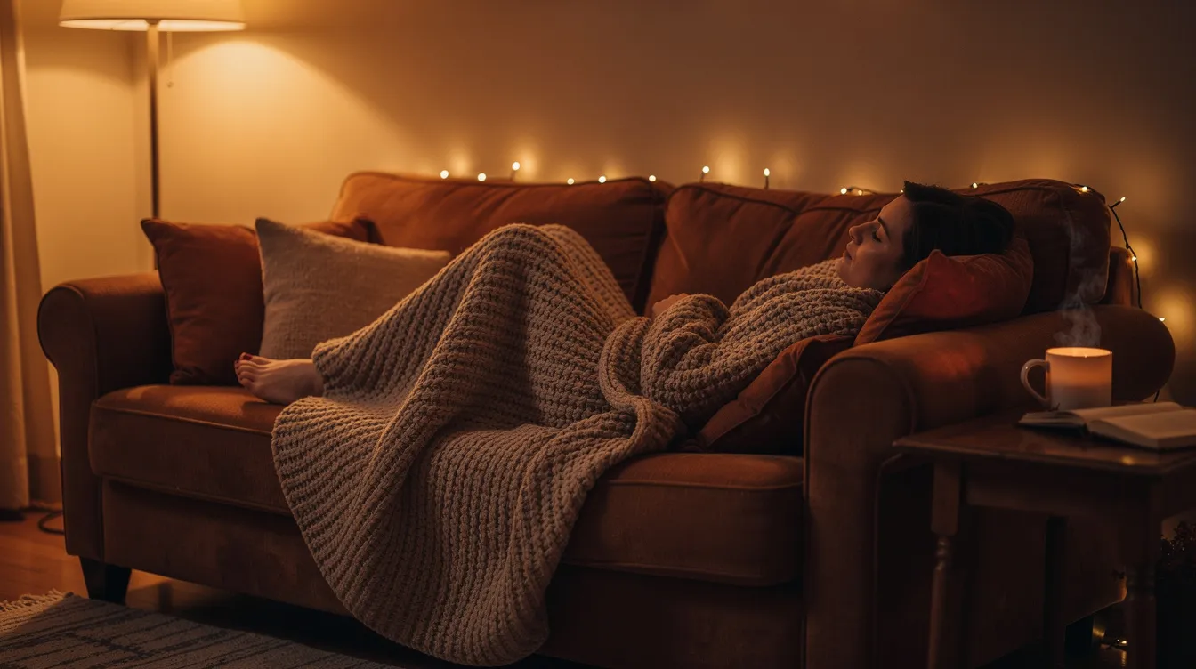 A person is comfortably relaxing on a soft couch, wrapped in a warm blanket under the dim evening light, creating a cozy atmosphere reminiscent of enjoying a sweet vanilla ice cream cake. The scene evokes a sense of calm and relaxation, perfect for unwinding after a long day.