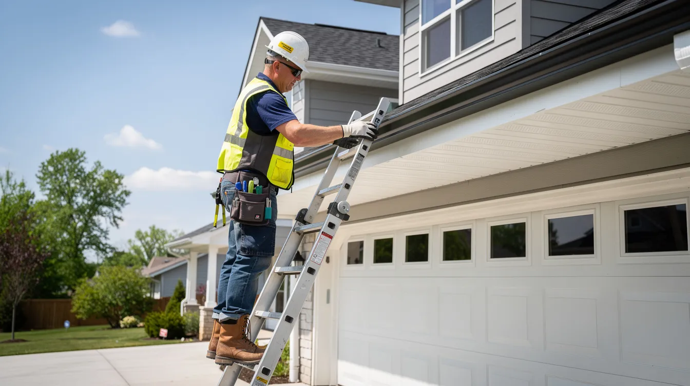 A worker is on a ladder inspecting seamless gutters attached to a residential home's roof, ensuring they are free of debris and functioning properly to prevent water damage. This professional gutter installation project highlights the importance of regular maintenance for effective gutter systems in Pueblo, Colorado.