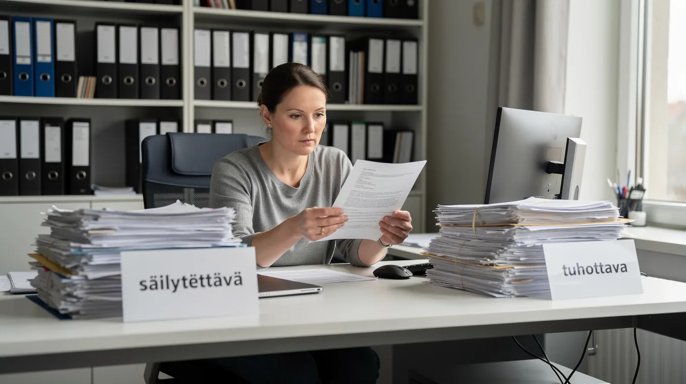 Henkilö lajittelee toimistossa papereita säilytettäväksi ja tuhottavaksi.