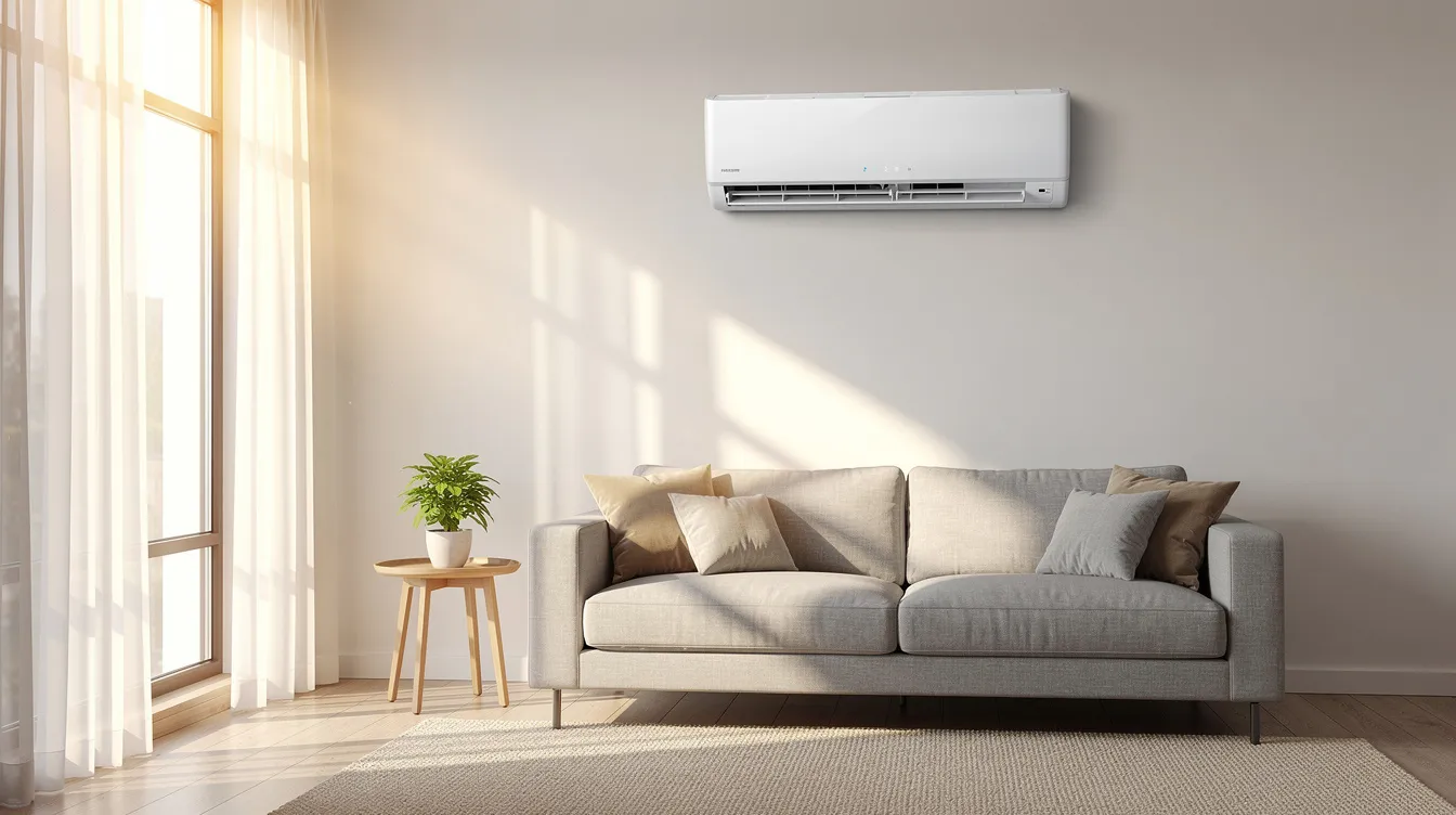 The image depicts a residential split air conditioner mounted on a wall in a room filled with warm natural light, showcasing its sleek design and functionality for effective air conditioning. This aircon system is ideal for maintaining a cool and comfortable environment in homes, ensuring a pleasant atmosphere during the summer months.
