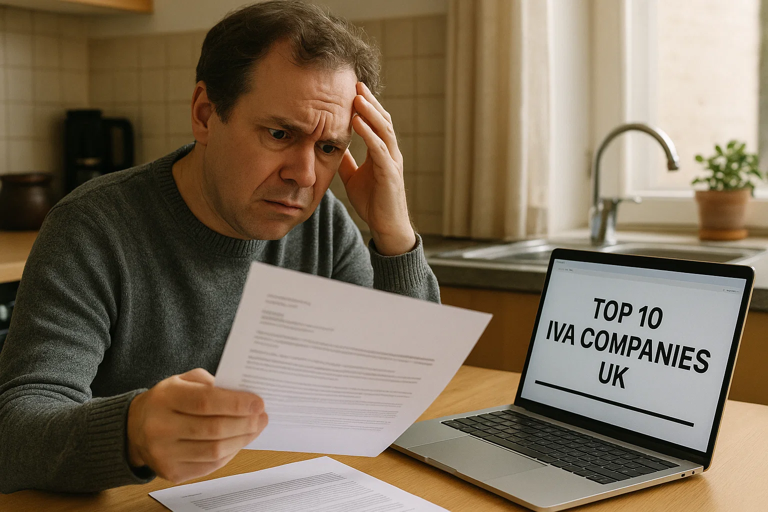 Confused man comparing online IVA company list with printed debt letters.