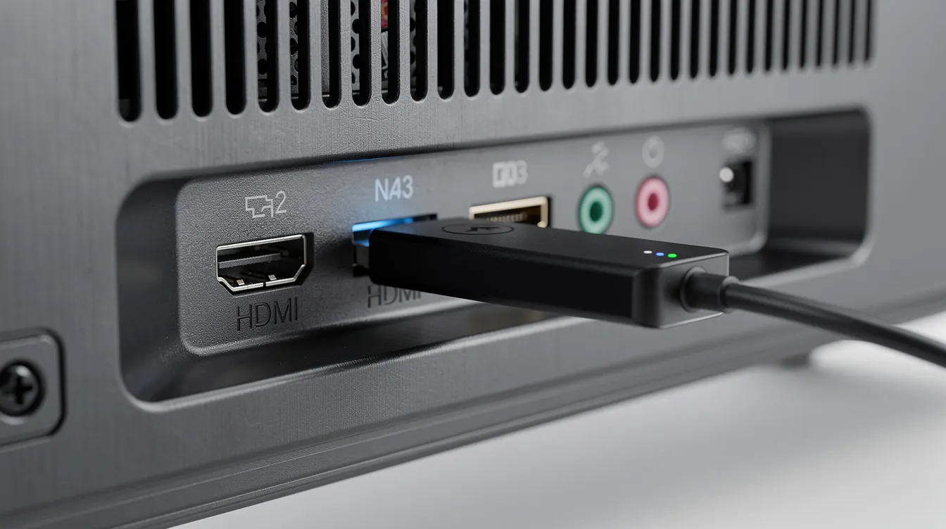 A close-up view of a streaming device connected to the HDMI port of a modern smart TV, showcasing the sleek design of the device, which is essential for accessing IPTV services and UK channels. This setup allows viewers to enjoy live television, premium features, and on-demand content with high picture quality.