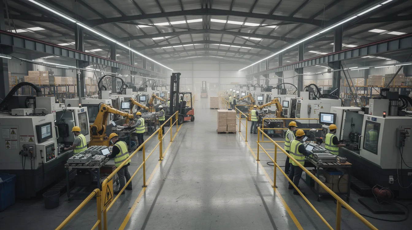 e5eb1b89 7f0d 46a4 be77 4eb87fc671e4 The image depicts an industrial manufacturing unit where workers are actively operating various machinery in a bustling factory setting. This environment illustrates the dynamics of small businesses and profitable business ideas, highlighting the essential role of skilled labor in manufacturing ventures.