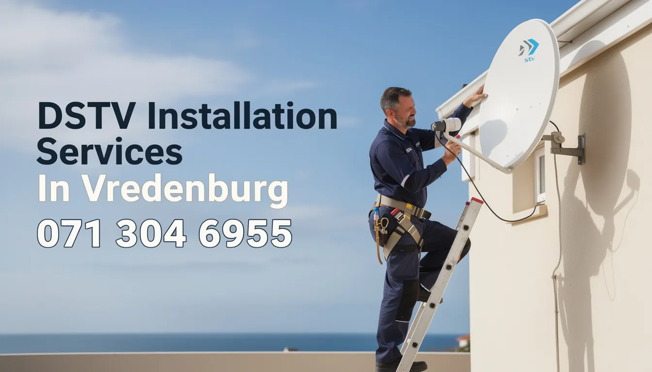 The image showcases a professional DSTV installer working on a satellite dish installation in Vredenburg, Western Cape. The technician is highly skilled and uses approved equipment to ensure quality service for clients looking to install or repair their DSTV systems.