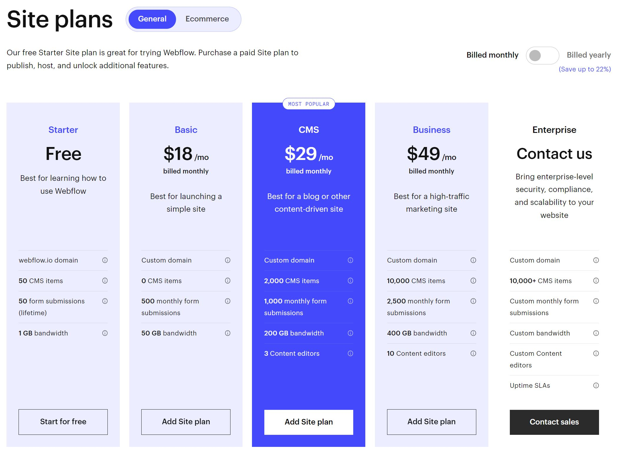 webflow pricing general