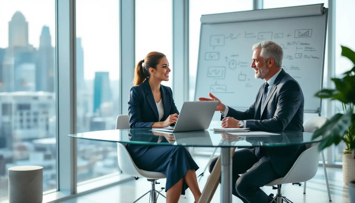In a modern office environment, a business mentor and mentee engage in a productive conversation, focusing on leadership development and effective strategies for enhancing leadership skills. This interaction highlights the importance of mentorship in fostering future leaders and promoting a culture of continuous learning within organizations.