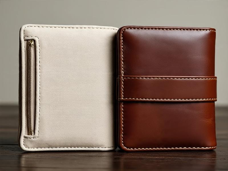 A close-up picture of two wallets standing upright. The wallet on the left is made from cream-colored canvas fabric with a gold zipper. The one on the right is made from shiny brown PU leather with detailed stitching. These wallets are simple, elegant, and made for carrying small items.