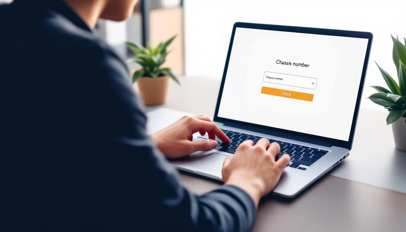 Een persoon die een chassisnummer check uitvoert op een laptop.