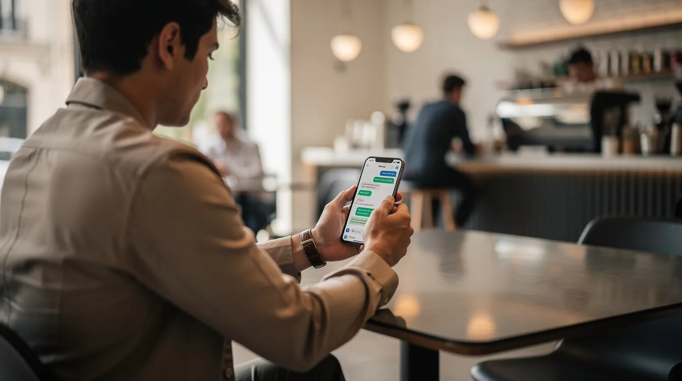 A person is seated in a stylish modern cafe, intently looking at their smartphone which displays a messaging app on the screen. The atmosphere suggests a blend of casual comfort and the latest financial technology, perfect for discussions about 網上 貸款 or 個人貸款.