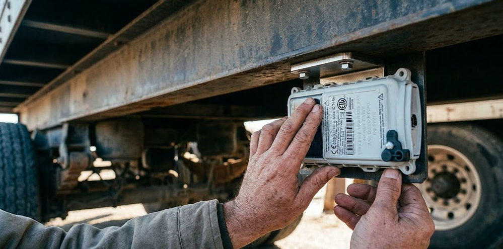 Person attaching a solar GPS tracker with magnetic mount to a trailer frame during quick outdoor installation