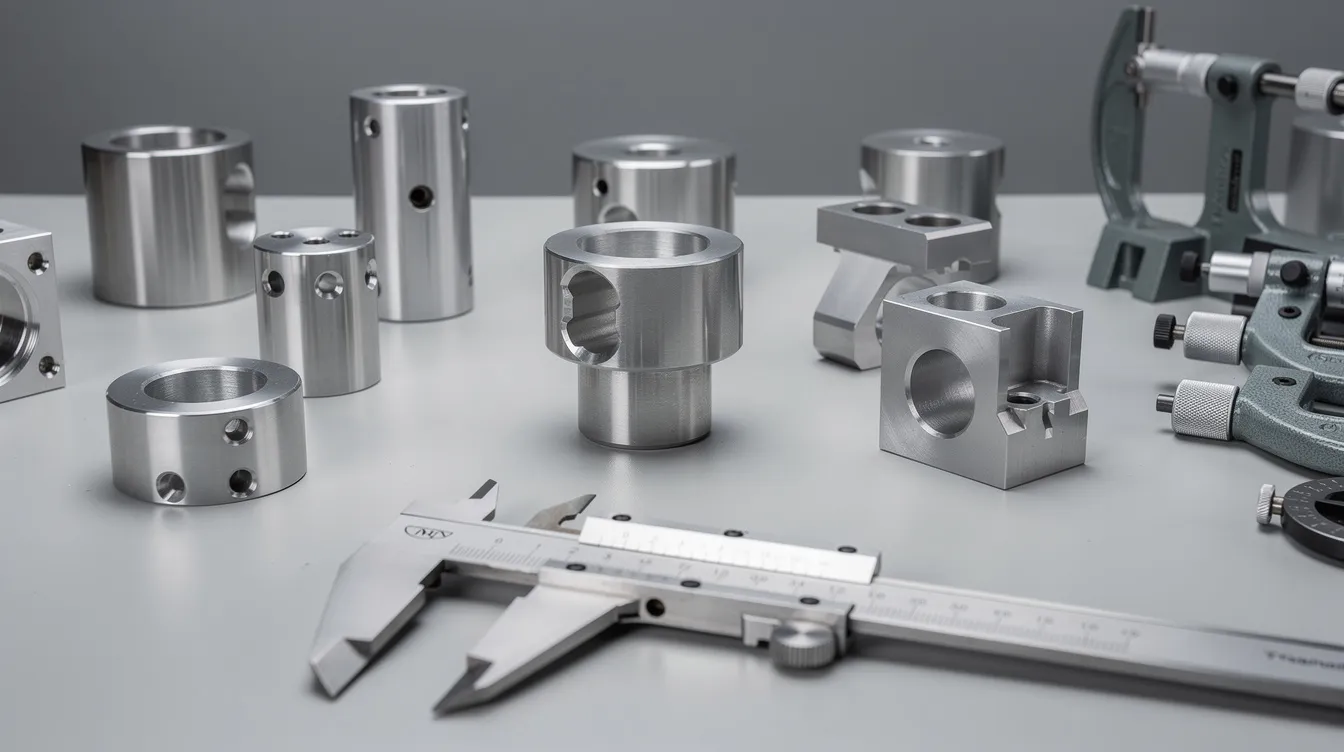 The image features precision-machined aluminum parts neatly arranged on an inspection table, accompanied by calipers and micrometers for accurate measurement. This setup reflects the commitment to quality management principles essential for aerospace and commercial markets, ensuring that all components meet stringent requirements and maintain ISO 9001 2015 certification standards.