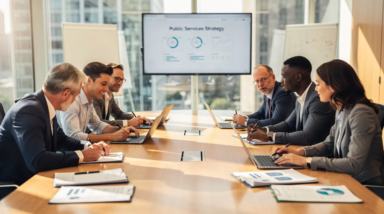 A group of public sector employees is collaborating in a meeting room, discussing various training programs and strategies for tracking employee training progress. The atmosphere is focused on enhancing training effectiveness and compliance with mandatory training requirements.