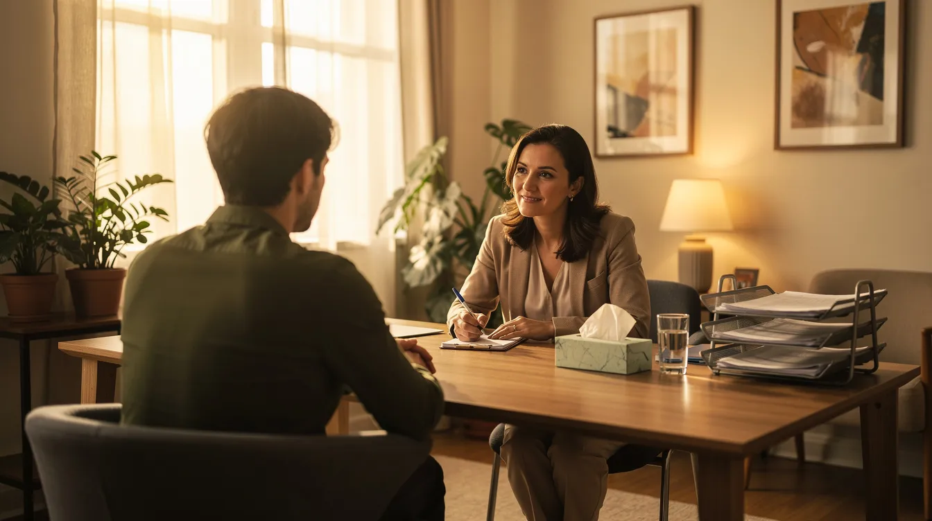 The image depicts a compassionate professional attentively listening to a client at a desk in a warm office, creating a supportive environment for discussions about disability benefits and the social security disability application process. The setting emphasizes a commitment to assisting individuals navigating their medical conditions and seeking necessary support.