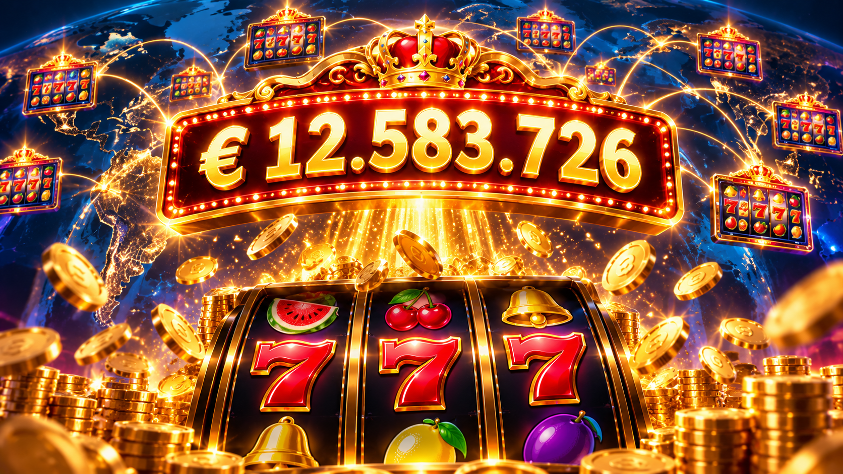 Progressieve jackpot bij gekoppelde fruitautomaten met een oplopende jackpot van miljoenen euro’s.