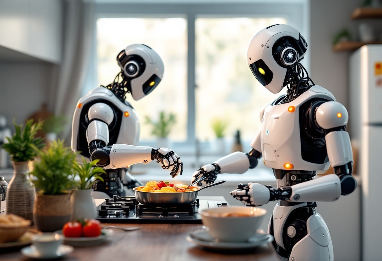 A robot cooking breakfast in the kitchen.