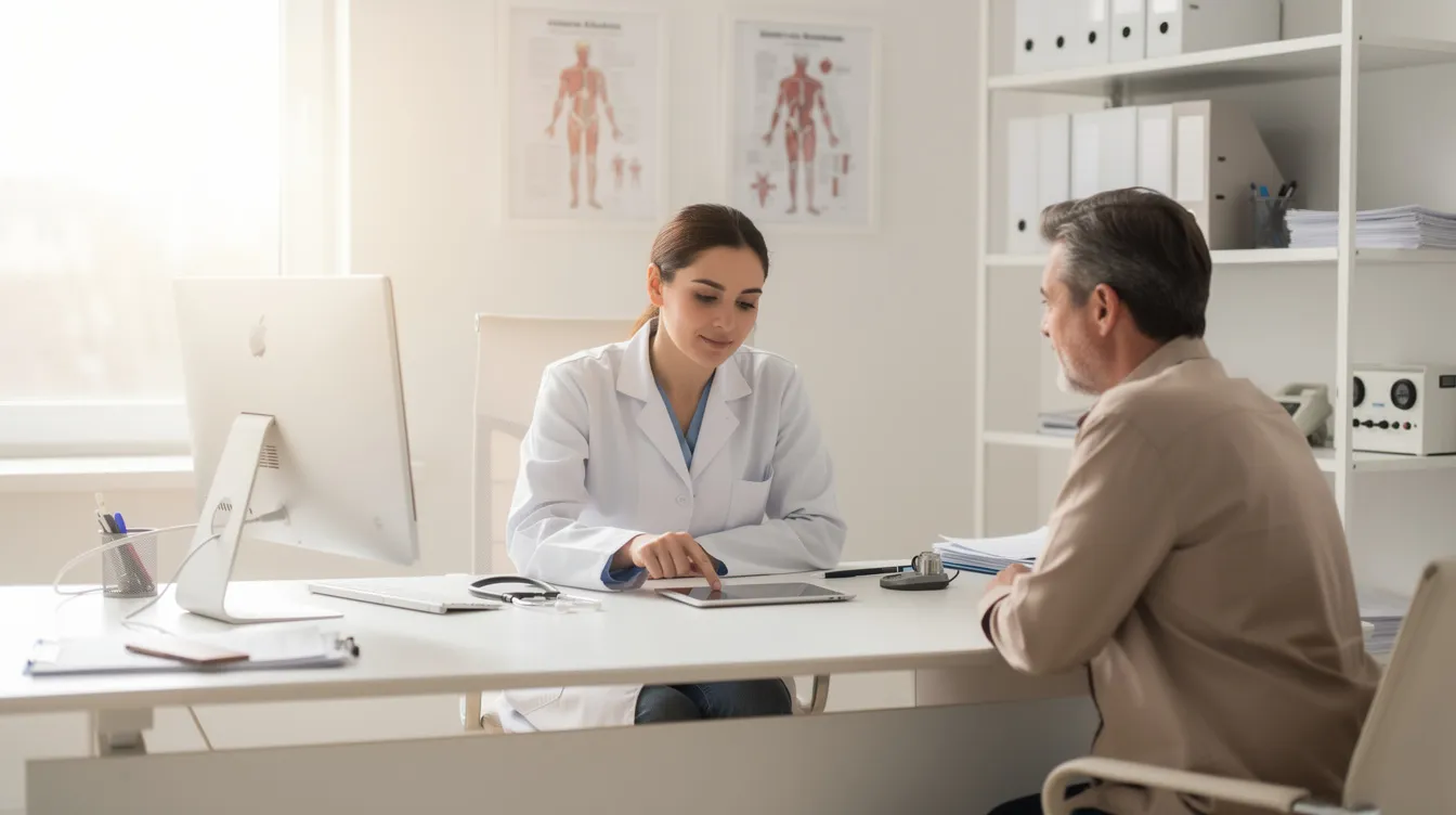 A medical professional in a white coat is consulting with a patient across a desk in a clean clinical office, discussing body contouring options such as Emsculpt Neo and traditional liposuction for reducing stubborn fat deposits and enhancing muscle tone. The environment reflects a focus on personalized treatment plans for achieving healthy body composition and effective fat reduction.