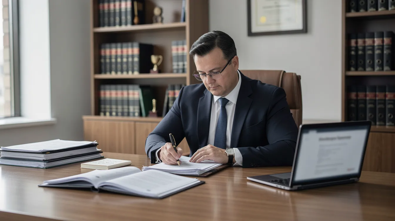A lawyer is seated at a desk in an office, meticulously reviewing paperwork and documents related to traffic violations, possibly preparing to assist clients facing issues like speeding tickets or license suspensions. The scene emphasizes the importance of legal representation in navigating the complexities of traffic court and protecting one's driving record.