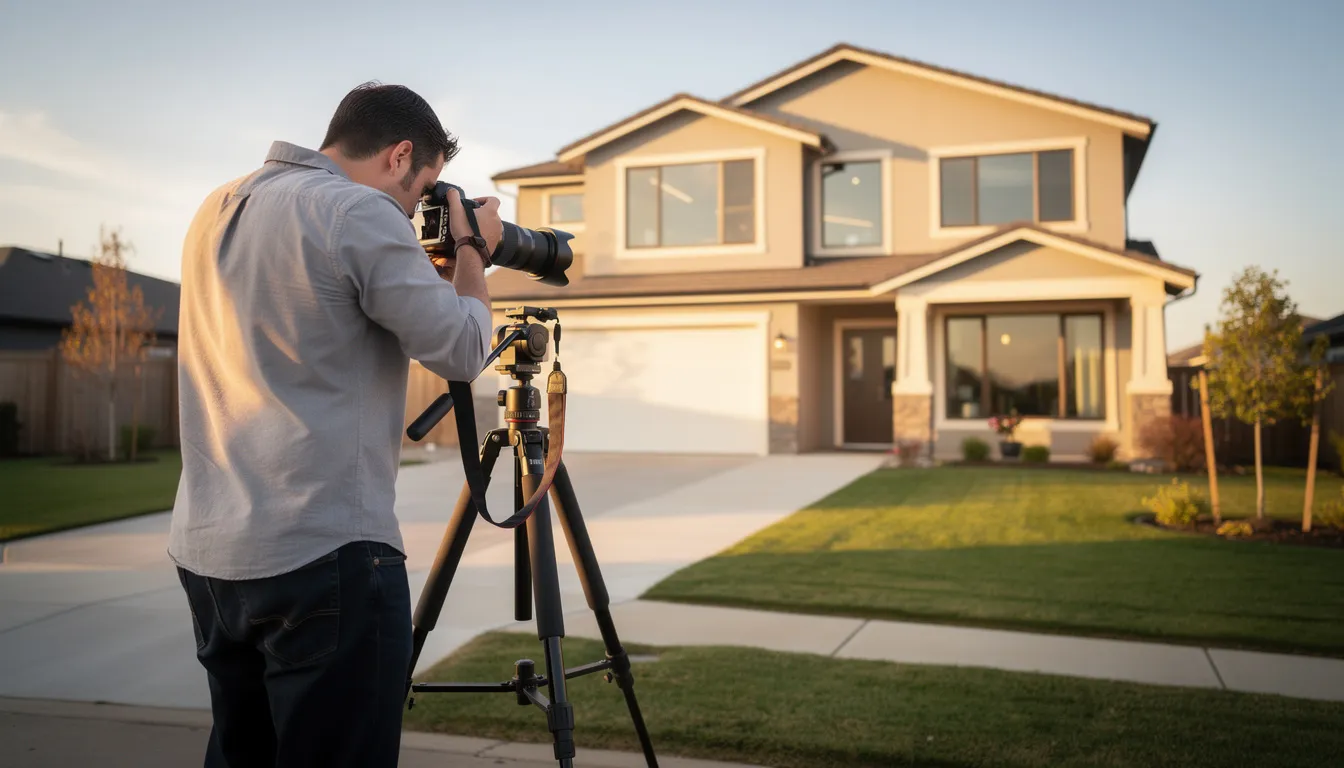 A professional photographer is capturing images of a home's exterior, showcasing the property for prospective buyers in the real estate market. The scene highlights the importance of high-quality visuals in the selling process, helping real estate agents attract the right buyers for Connecticut homes.
