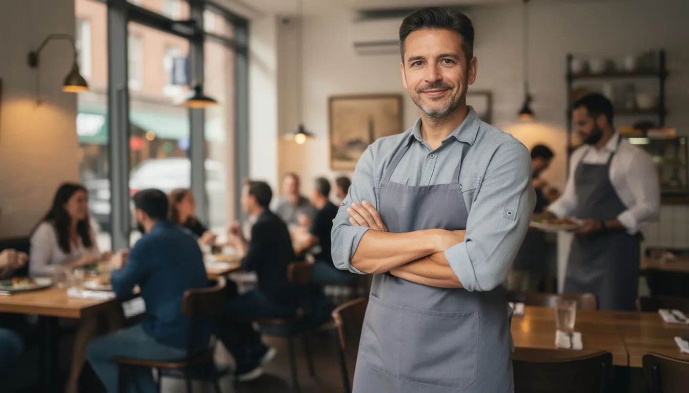 The image features a confident local restaurant owner looking directly at the camera, exuding a sense of success and financial freedom amidst a busy restaurant scene filled with customers and staff, illustrating the impact of excellent customer service and growth in the small business sector. The atmosphere suggests a thriving community hub, where the owner is actively engaged in the entire process of building their business.