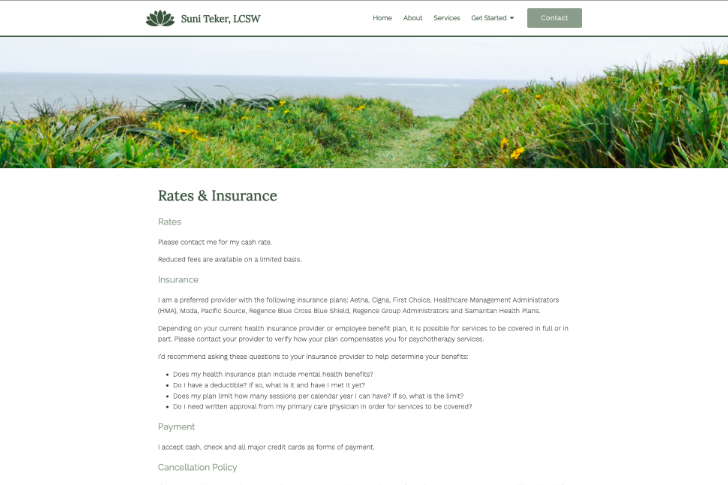 Therapy Website Design Example Rates & Insurance