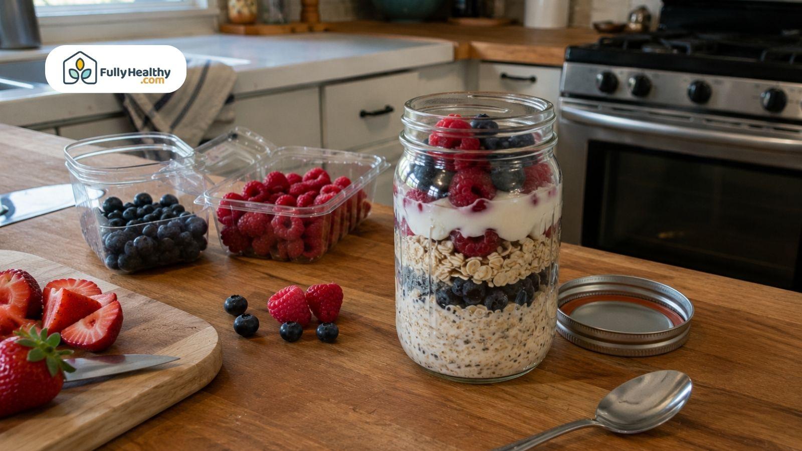 Overnight oats layered with yogurt, blueberries, and raspberries in a mason jar.