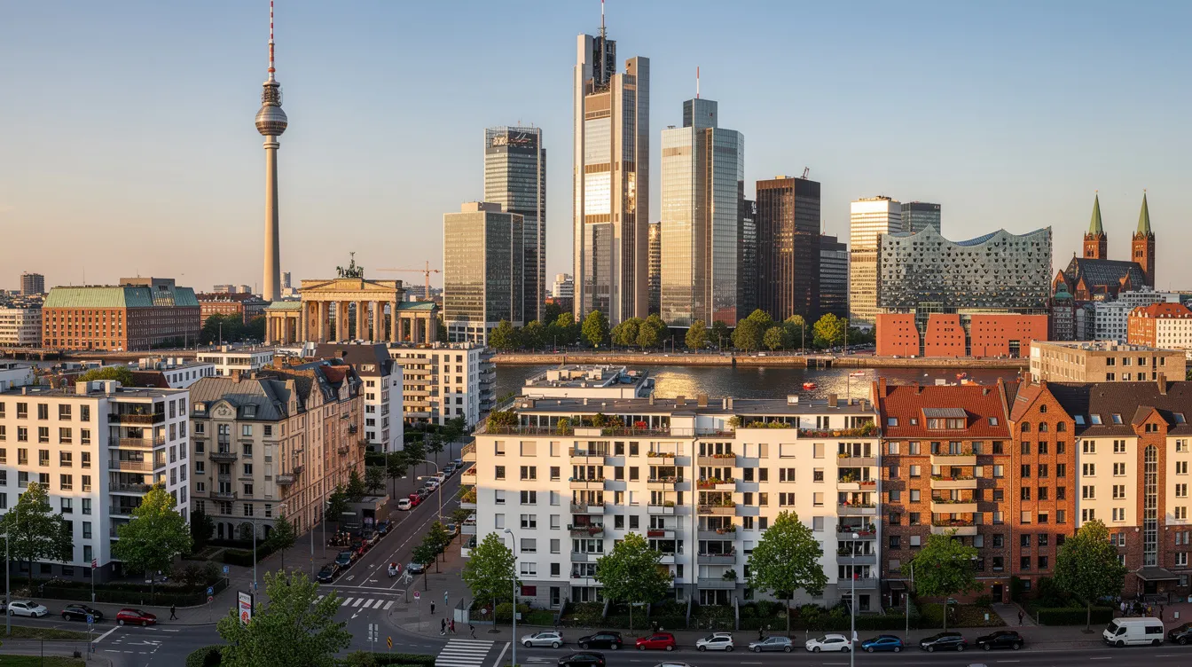 Das Bild zeigt ein Panorama verschiedener deutscher Großstädte mit beeindruckenden Skylines und Wohnvierteln, die die Vielfalt der urbanen Lebensräume in Deutschland widerspiegeln. Die Darstellung könnte auch Aspekte wie die Mietpreise und Kosten der Unterkunft in diesen Städten thematisieren, die für viele Menschen von Bedeutung sind.