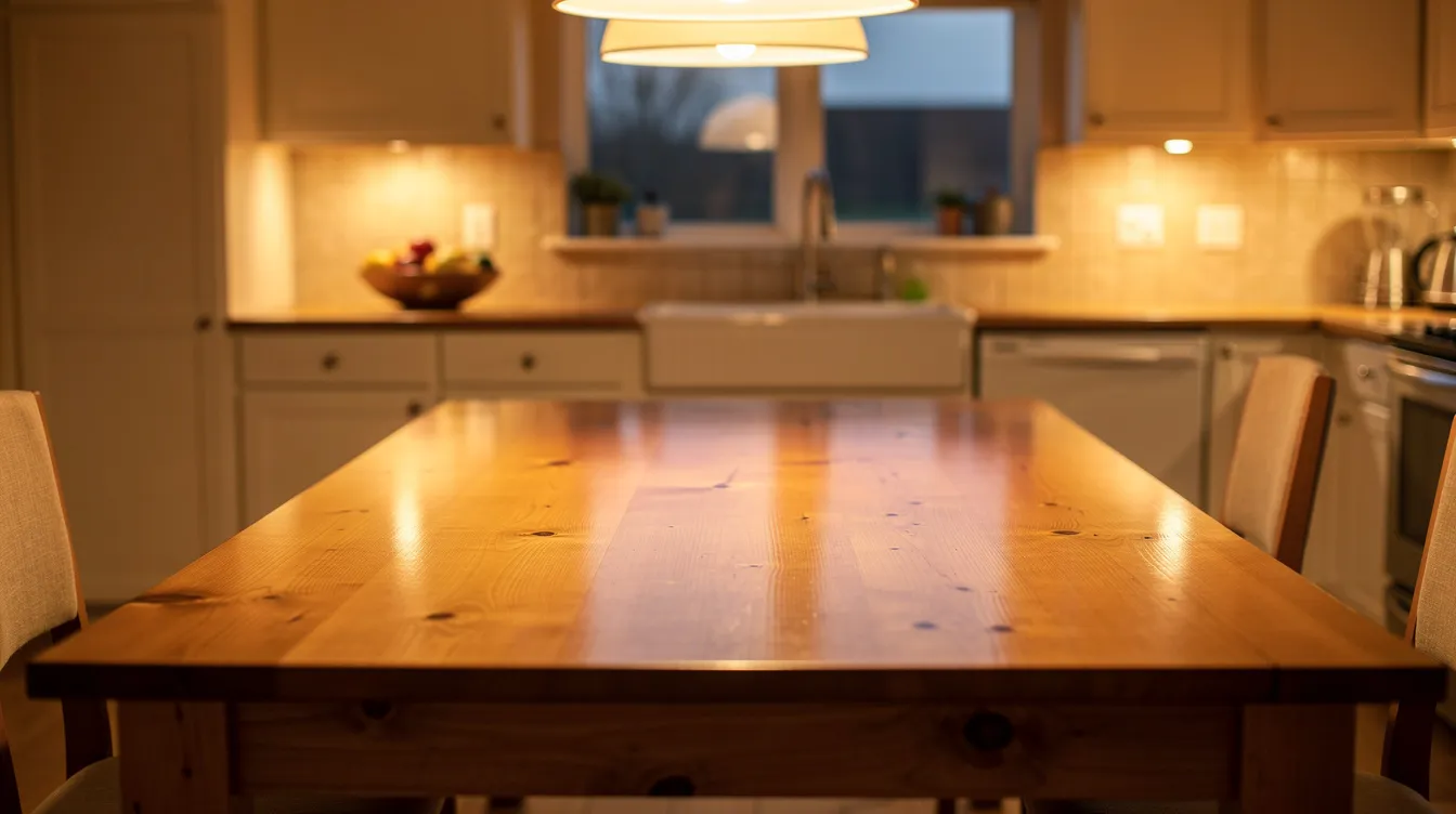 The image depicts an empty kitchen table bathed in warm lighting, set within a suburban home interior, creating a cozy and inviting atmosphere. This tranquil space could serve as a supportive environment for group therapy sessions, fostering connections and personal growth among individuals seeking to improve their mental health and well-being.