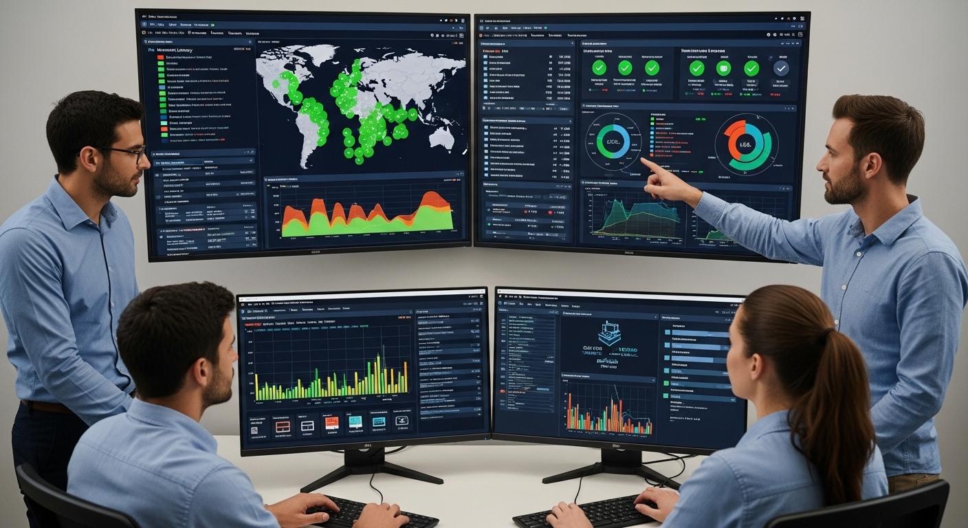 IT administrators managing virtual labs while monitoring network latency, LMS integrations, system performance, and resource allocation on a centralized dashboard.