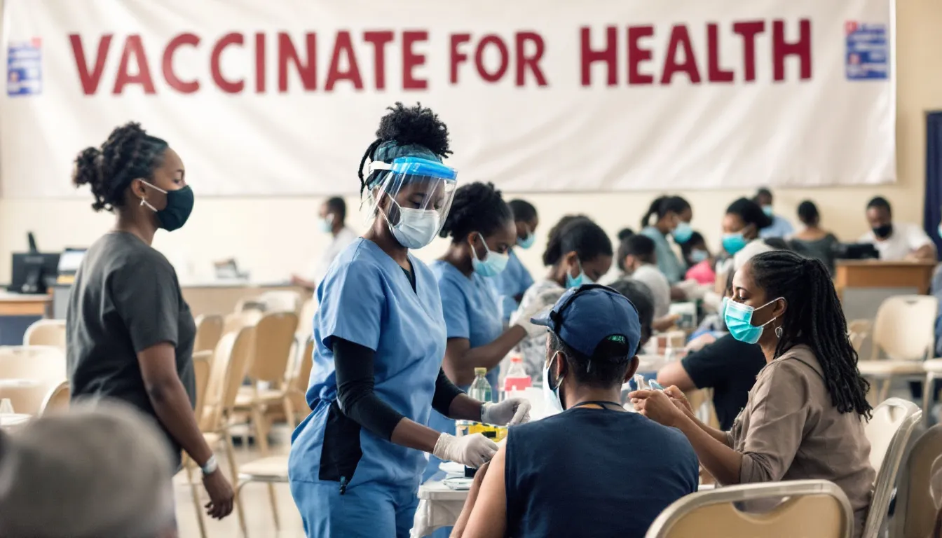 In the image, healthcare workers are engaging with community members during a public health vaccination campaign, promoting the importance of diphtheria vaccination alongside other recommended vaccines like the DTaP and Tdap vaccines. The scene emphasizes community involvement in preventing serious bacterial infections such as diphtheria, whooping cough, and tetanus through education and vaccination efforts.