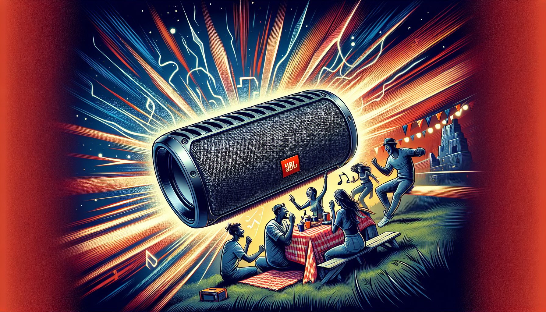 Ilustração da JBL Xtreme 3 em ambiente externo com pessoas desfrutando da música