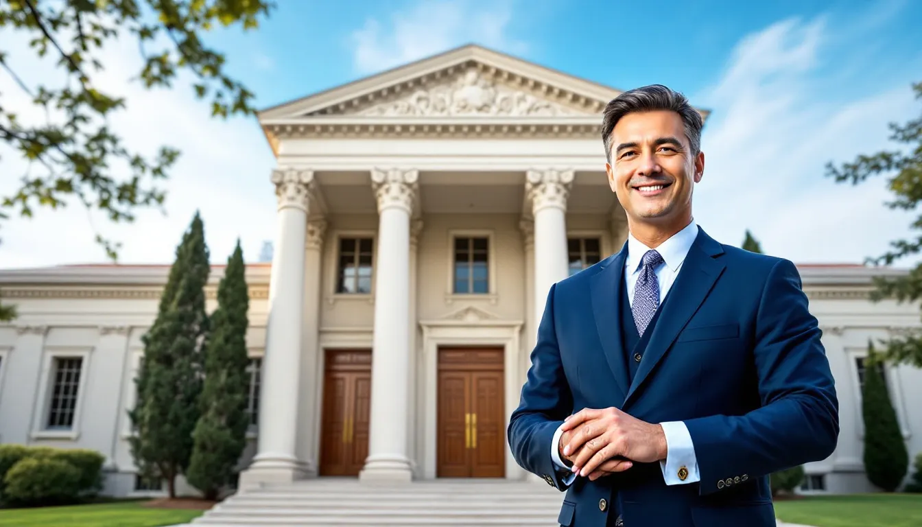 A lawyer stands outside a courthouse, representing the legal profession and the pursuit of justice within the district court system. The building, likely part of the California courts, symbolizes the importance of law and appeals in the judicial process.